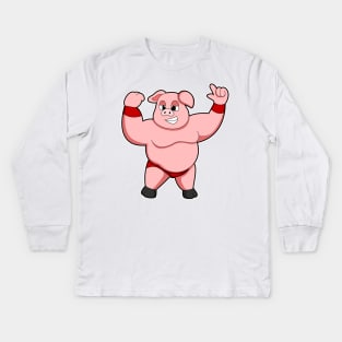 Pig as Bodybuilder with big Belly Kids Long Sleeve T-Shirt